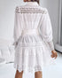 Contrast Lace Hollow Out Long Sleeve Blouse Dress Casual Tied Detail Mini Dress white