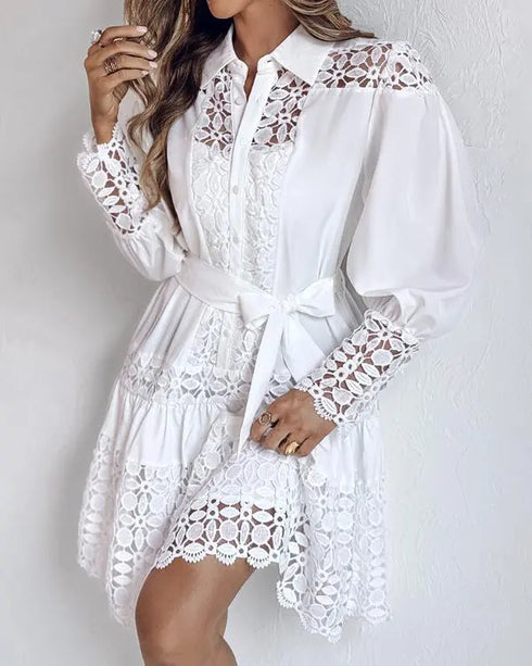 Contrast Lace Hollow Out Long Sleeve Blouse Dress Casual Tied Detail Mini Dress white