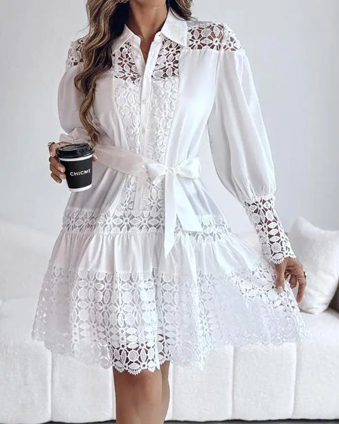 Contrast Lace Hollow Out Long Sleeve Blouse Dress Casual Tied Detail Mini Dress white