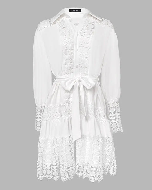 Contrast Lace Hollow Out Long Sleeve Blouse Dress Casual Tied Detail Mini Dress white