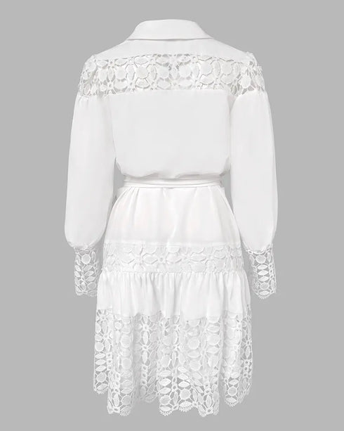 Contrast Lace Hollow Out Long Sleeve Blouse Dress Casual Tied Detail Mini Dress white