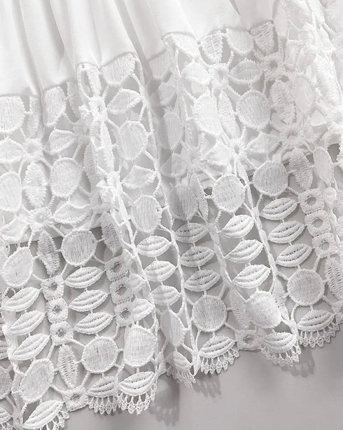 Contrast Lace Hollow Out Long Sleeve Blouse Dress Casual Tied Detail Mini Dress white