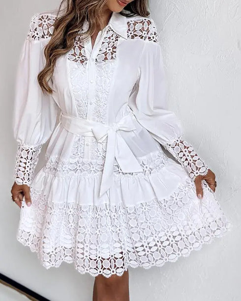 Contrast Lace Hollow Out Long Sleeve Blouse Dress Casual Tied Detail Mini Dress white