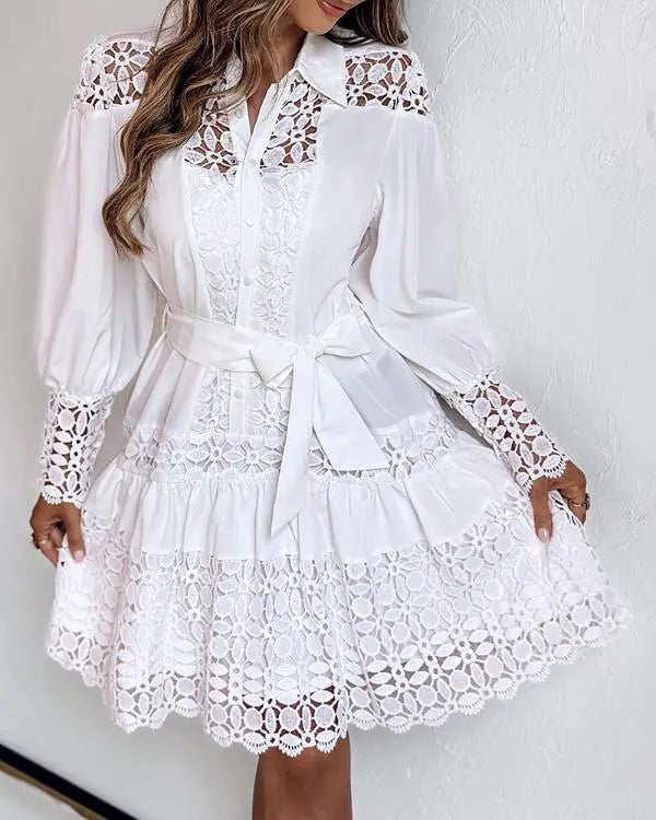 Contrast Lace Hollow Out Long Sleeve Blouse Dress Casual Tied Detail Mini Dress white