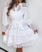 Contrast Lace Hollow Out Long Sleeve Blouse Dress Casual Tied Detail Mini Dress white