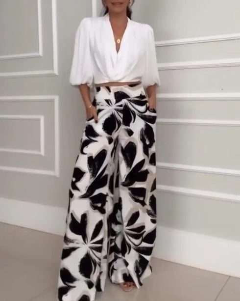 2 Pieces Outfit Wrap Plunge V Neck Crop Blouse and Casual Floral Print Wide Leg Pants Set blackwhite