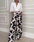 2 Pieces Outfit Wrap Plunge V Neck Crop Blouse and Casual Floral Print Wide Leg Pants Set blackwhite