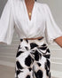 2 Pieces Outfit Wrap Plunge V Neck Crop Blouse and Casual Floral Print Wide Leg Pants Set blackwhite