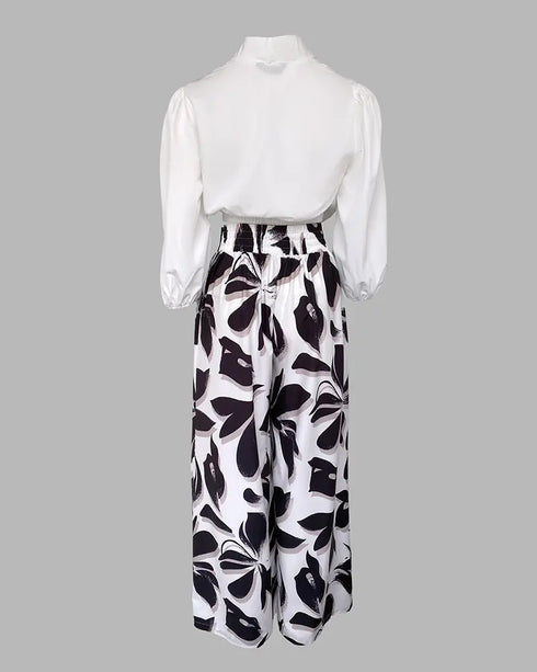 2 Pieces Outfit Wrap Plunge V Neck Crop Blouse and Casual Floral Print Wide Leg Pants Set blackwhite