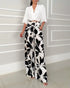 2 Pieces Outfit Wrap Plunge V Neck Crop Blouse and Casual Floral Print Wide Leg Pants Set blackwhite