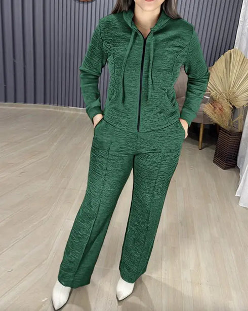 2 Pieces Outfit Long Sleeve Zip Up Drawstring Hoodie Coat and Casual Elastic Waist Seam Front Wide Leg Pants Set dark green
