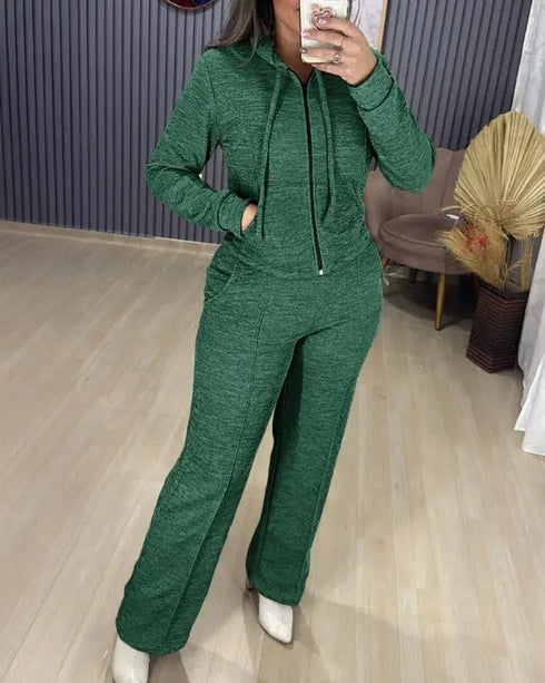 2 Pieces Outfit Long Sleeve Zip Up Drawstring Hoodie Coat and Casual Elastic Waist Seam Front Wide Leg Pants Set dark green