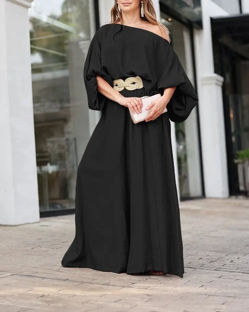 Skew Neck Lantern Sleeve Loose Top & Zipper Fly Wide Leg Pants Set without Belt black