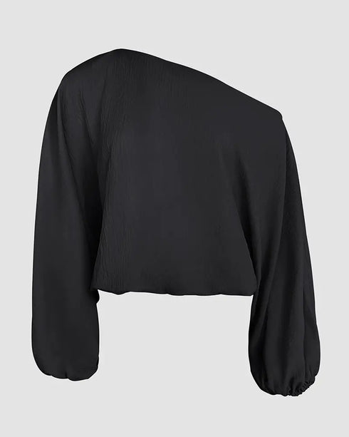 Skew Neck Lantern Sleeve Loose Top & Zipper Fly Wide Leg Pants Set without Belt black