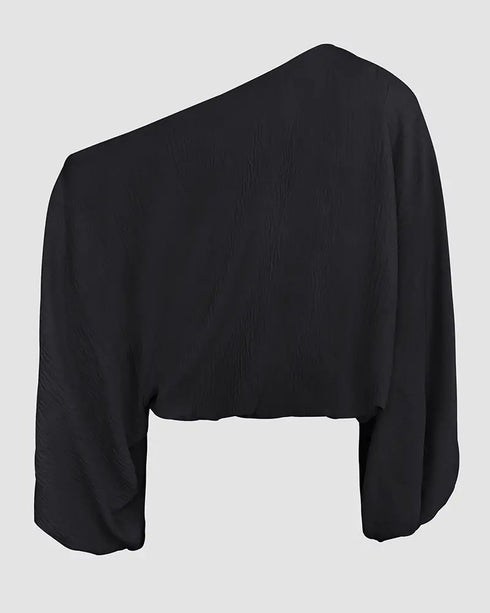 Skew Neck Lantern Sleeve Loose Top & Zipper Fly Wide Leg Pants Set without Belt black