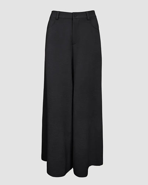 Skew Neck Lantern Sleeve Loose Top & Zipper Fly Wide Leg Pants Set without Belt black