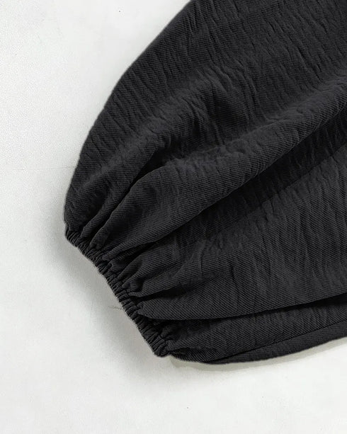 Skew Neck Lantern Sleeve Loose Top & Zipper Fly Wide Leg Pants Set without Belt black