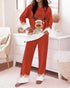 2 Pieces Outfit Reindeer Print Long Sleeve Drop Shoulder Top and Christmas Print Colorblock Elastic Waist Pants Set Casual Pajamas Set red