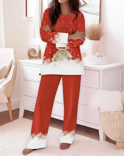 2 Pieces Outfit Round Neck Lace Spliced Short Sleeve Top and Elastic Waist Straight Leg Pants Set Casual Brushed Ribbed Pajamas Set red