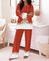 2 Pieces Outfit Christmas Cute Cartoon Reindeer Placement Print Long Sleeve Top and Elastic Waist Pants Set Causal Snowflake Print Pajamas Set red