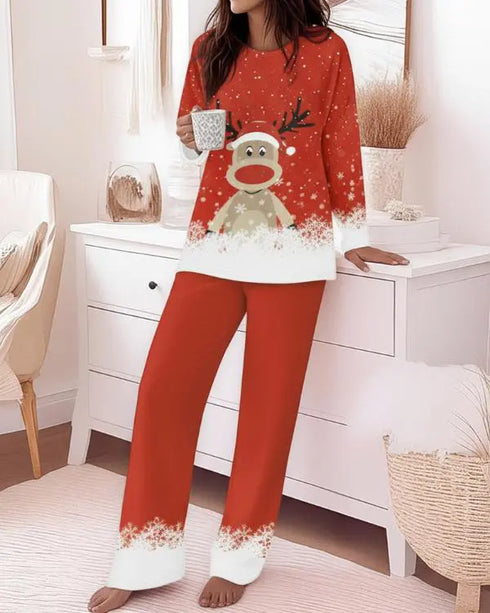 2 Pieces Outfit Christmas Tree Print Plaid Print Spliced Long Sleeve Top and Plaid Print Elastic Waist Pants Set Casual Pajamas Set red