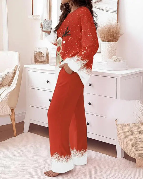 2 Pieces Outfit Heart & Let me sleep Slogan Print Long Sleeve Top and Christmas Tree & Snowflake Print Colorblock Elastic Waist Pants Set Casual Christmas Pajamas Set red