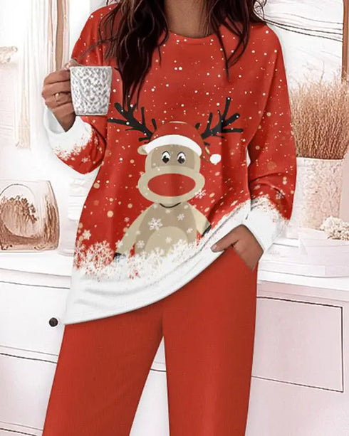 2 Pieces Outfit Santa Hat & Merry Christmas Slogan Print Colorblock Long Sleeve Top and Christmas Print Elastic Waist Pants Set Casual Pajamas Set red