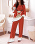 2 Pieces Outfit Floral Print Long Sleeve Drop Shoulder Top and Elastic Waist Pants Sets Casual Pajamas Set red