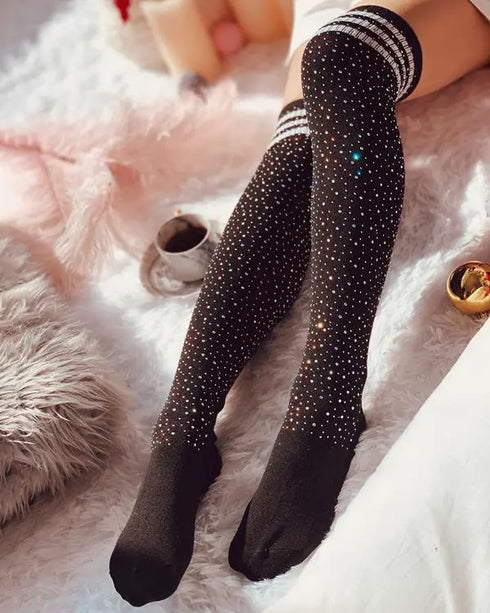 1Pair Christmas Striped Print Rhinestone Decor Long Socks black