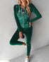 2 Pieces Outfit Contrast Sequin Ruched Long Sleeve Zip Up Coat and Elastic Waist Pants Set Casual Slim Fit Velvet Tracksuit green
