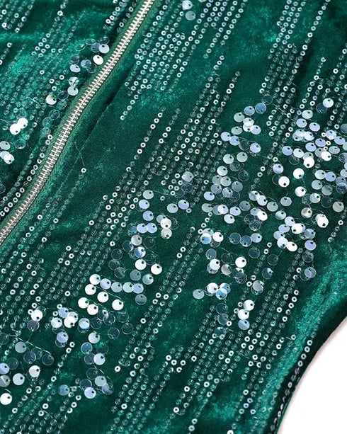 2 Pieces Outfit Contrast Sequin Ruched Long Sleeve Zip Up Coat and Elastic Waist Pants Set Casual Slim Fit Velvet Tracksuit green