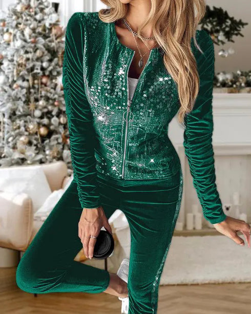 2 Pieces Outfit Contrast Sequin Ruched Long Sleeve Zip Up Coat and Elastic Waist Pants Set Casual Slim Fit Velvet Tracksuit green