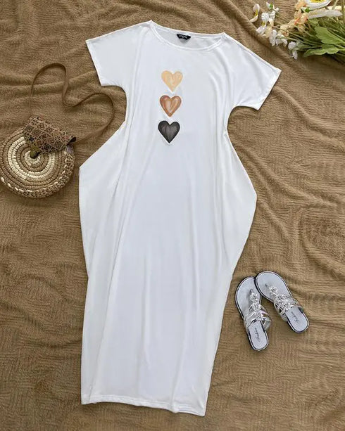 Heart Pattern Cold Shoulder Short Sleeve Maxi Dress Casual Pocket Design Loose Fit Dress white