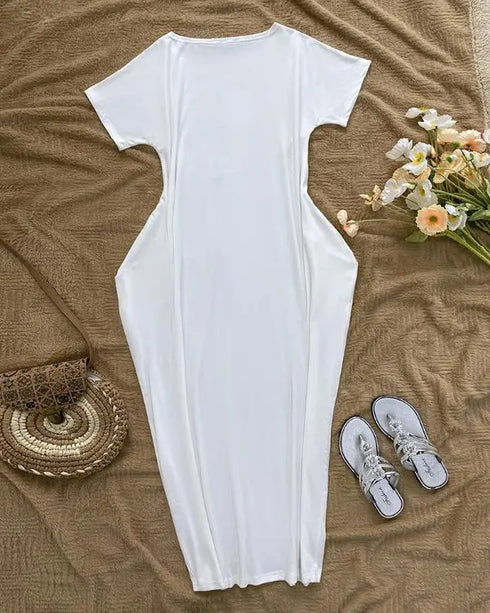 Heart Pattern Cold Shoulder Short Sleeve Maxi Dress Casual Pocket Design Loose Fit Dress white