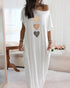 Heart Pattern Cold Shoulder Short Sleeve Maxi Dress Casual Pocket Design Loose Fit Dress white