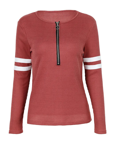 Striped Print Zipper Front Long Sleeve Top Waffle Knit Loose Fitting Tunic Tops red