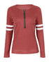 Striped Print Zipper Front Long Sleeve Top Waffle Knit Loose Fitting Tunic Tops red