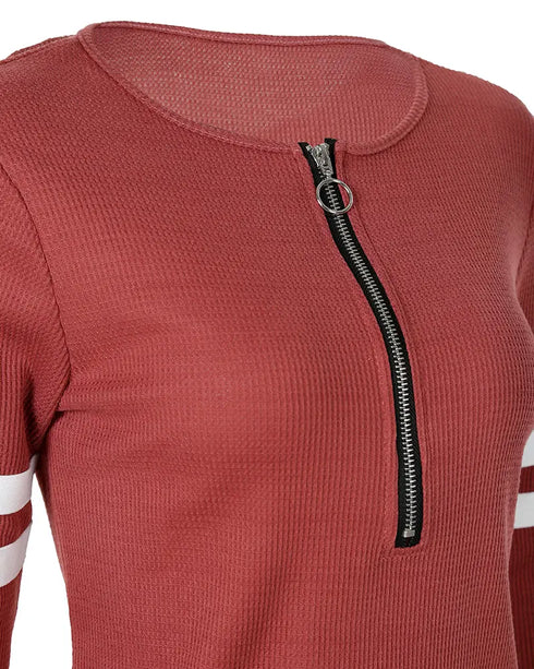 Striped Print Zipper Front Long Sleeve Top Waffle Knit Loose Fitting Tunic Tops red