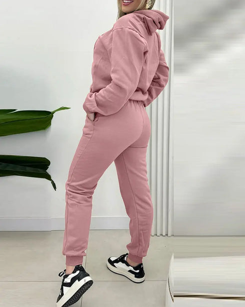 2 Pieces Outfit Kangaroo Pocket Thermal Lined Drawstring Hoodie Sweatshirt and Casual Elastic Waist Cinched Ribbed Cuffs Sporty Sweatpants Set pink