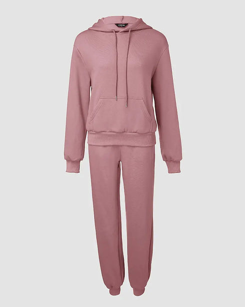 2 Pieces Outfit Kangaroo Pocket Thermal Lined Drawstring Hoodie Sweatshirt and Casual Elastic Waist Cinched Ribbed Cuffs Sporty Sweatpants Set pink