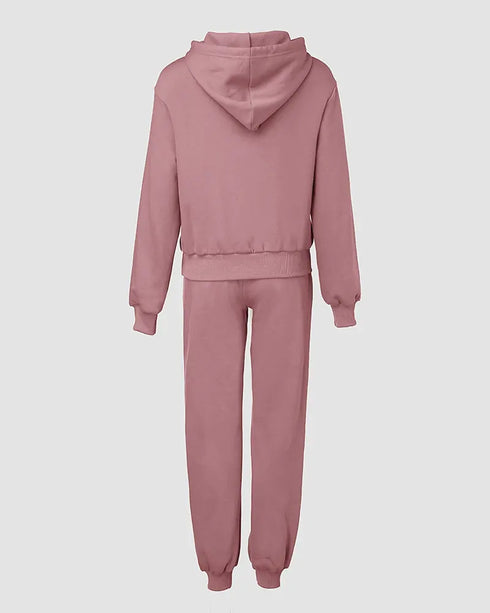 2 Pieces Outfit Kangaroo Pocket Thermal Lined Drawstring Hoodie Sweatshirt and Casual Elastic Waist Cinched Ribbed Cuffs Sporty Sweatpants Set pink