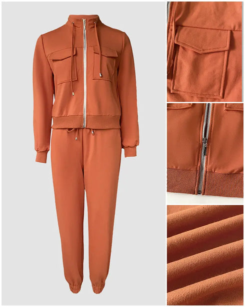 Stand Collar Long Sleeve Pocket Dec Zipper Top and Casual Elastic Waist Drawstring Pants Sets orange