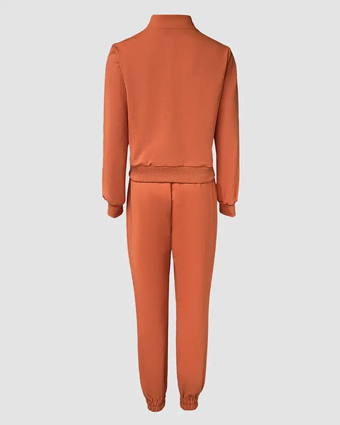 Stand Collar Long Sleeve Pocket Dec Zipper Top and Casual Elastic Waist Drawstring Pants Sets orange