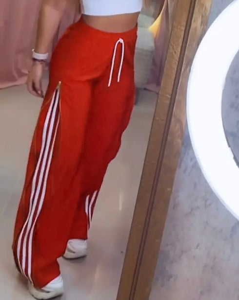 Contrast Side Striped & Zipper Slit Side Drawstring Elastic Waist Trousers Casual Wide Leg Pants red