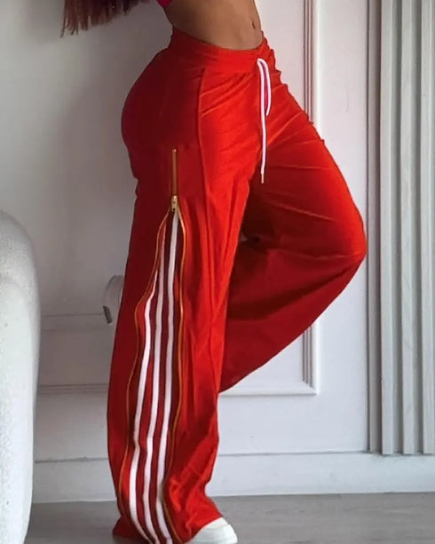Contrast Side Striped & Zipper Slit Side Drawstring Elastic Waist Trousers Casual Wide Leg Pants red