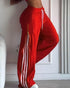 Contrast Side Striped & Zipper Slit Side Drawstring Elastic Waist Trousers Casual Wide Leg Pants red
