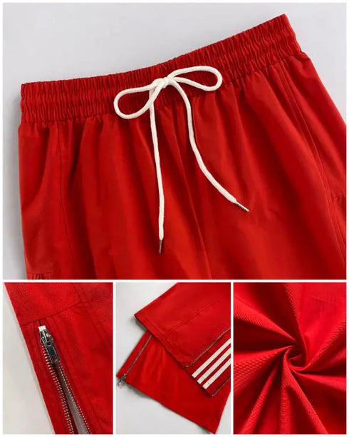 Contrast Side Striped & Zipper Slit Side Drawstring Elastic Waist Trousers Casual Wide Leg Pants red