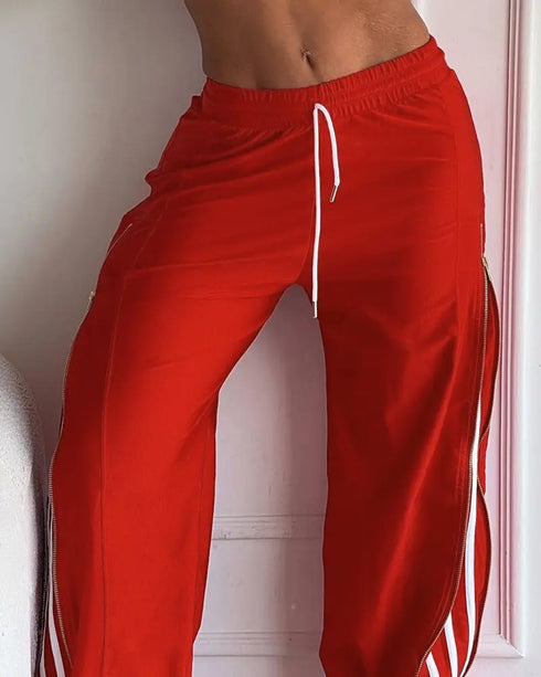 Contrast Side Striped & Zipper Slit Side Drawstring Elastic Waist Trousers Casual Wide Leg Pants red