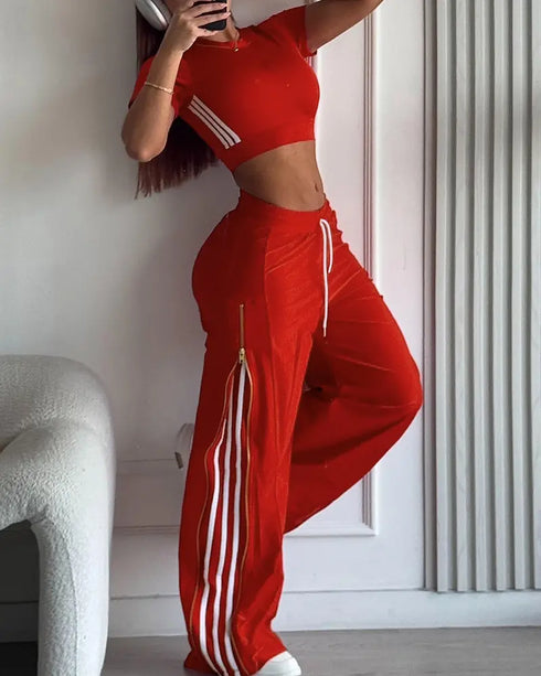 Contrast Side Striped & Zipper Slit Side Drawstring Elastic Waist Trousers Casual Wide Leg Pants red
