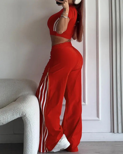 Contrast Side Striped & Zipper Slit Side Drawstring Elastic Waist Trousers Casual Wide Leg Pants red